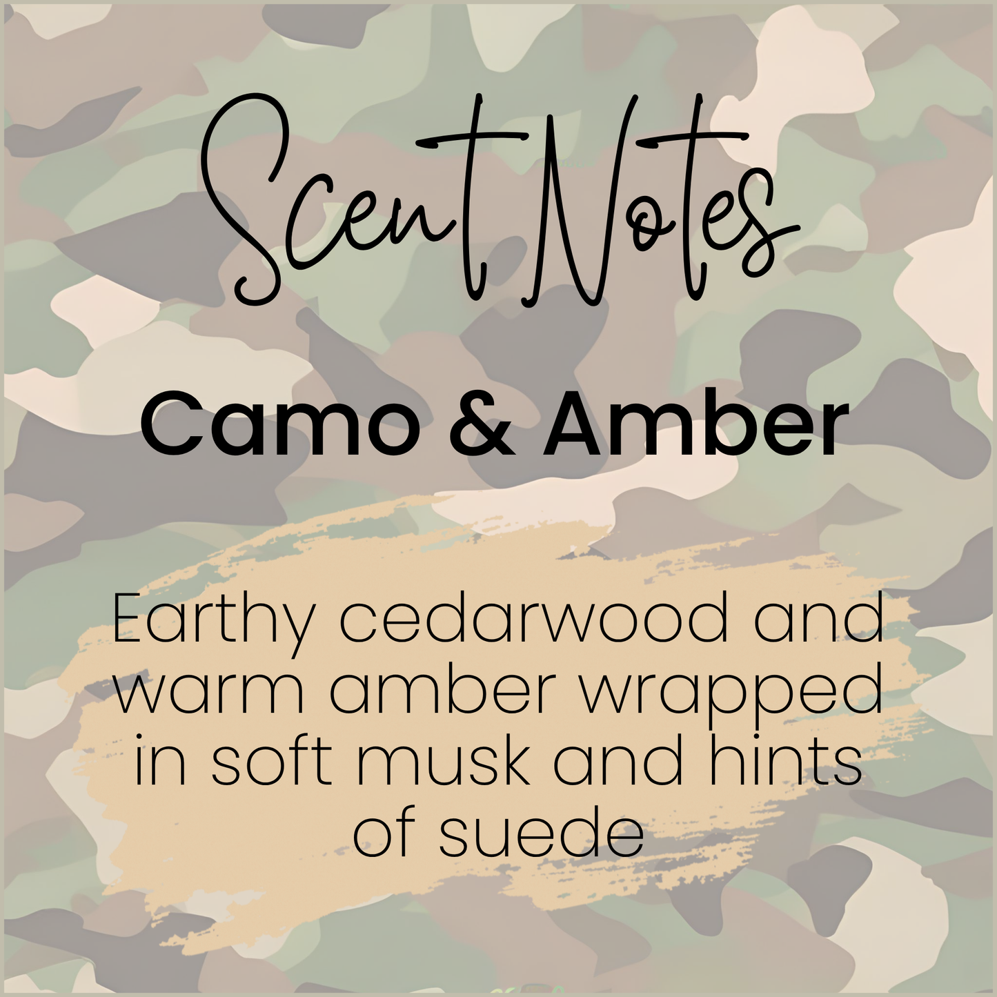 Camo pattern with 'Scent Notes Camo & Amber' text and description on a camouflage background