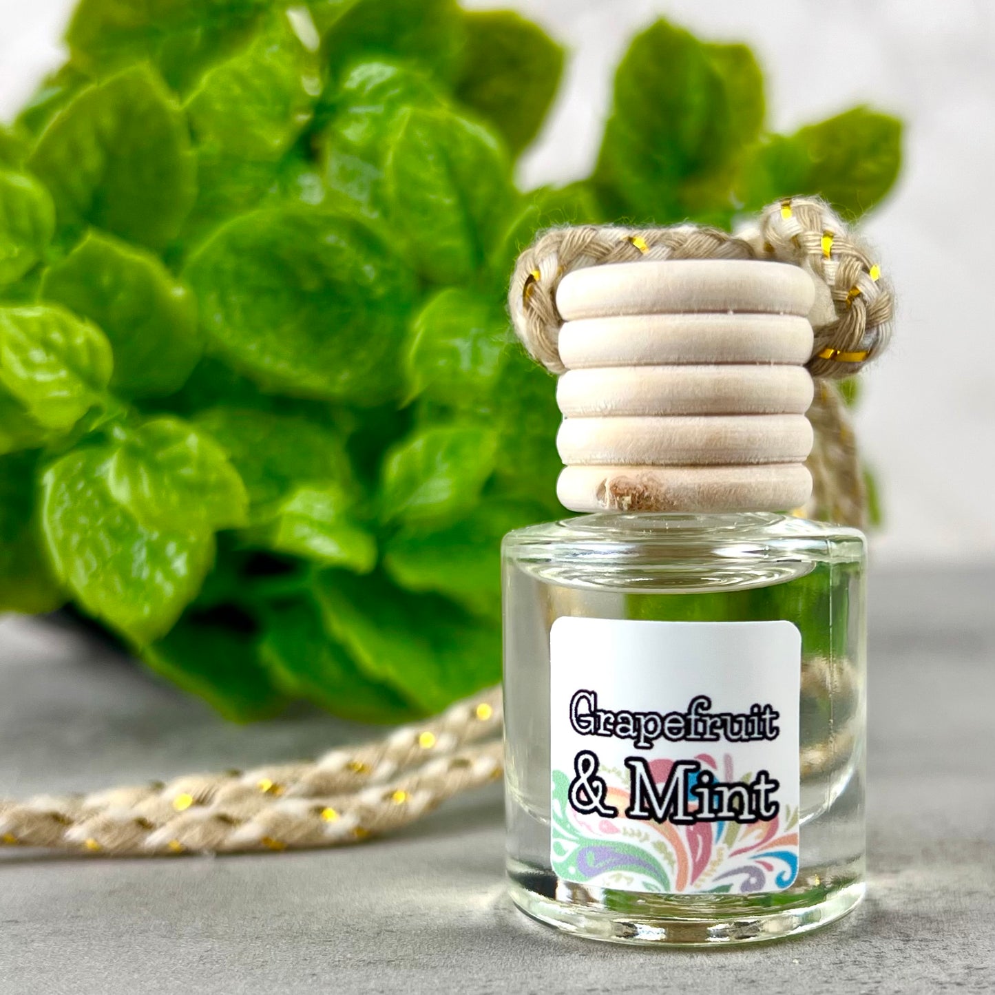 Grapefruit & Mint hanging car diffuser with green leaves in the background