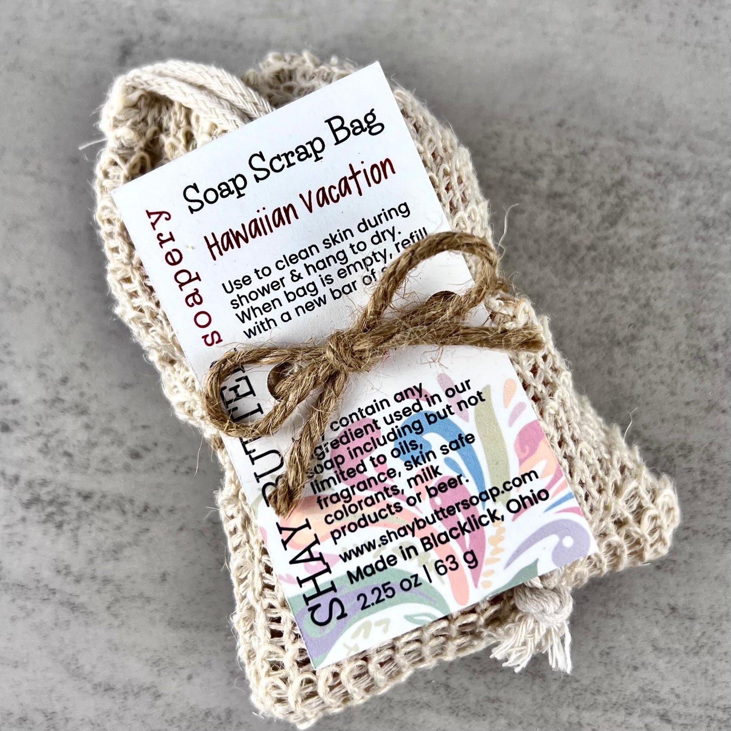 Hawaiian Vacation soap scrap bag with a label on a gray background