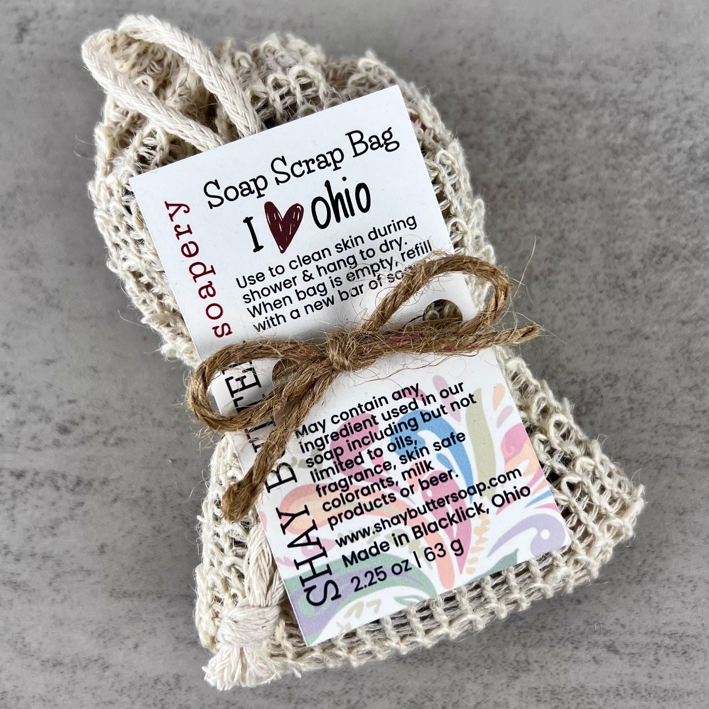 I heart ohio soap scrap bag with a label on a gray background