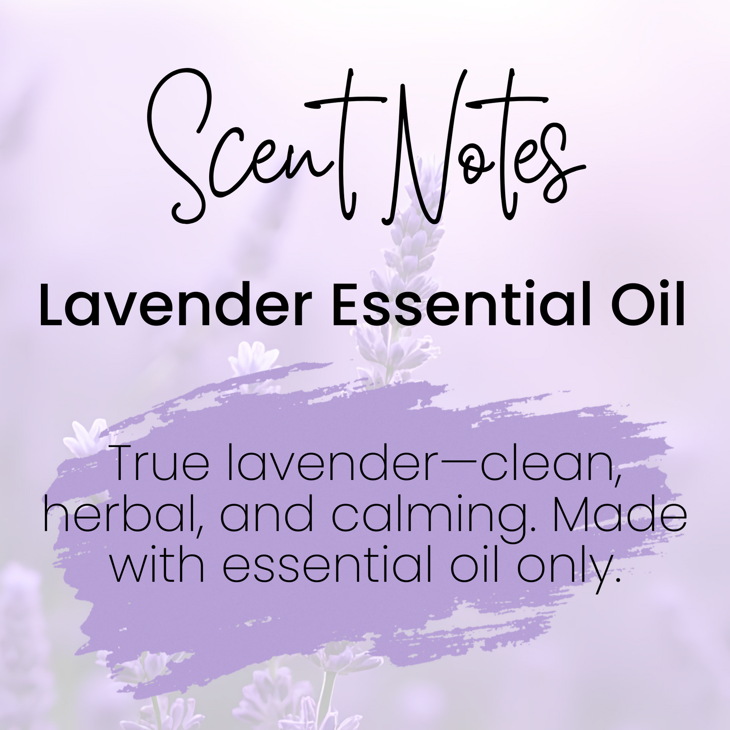 Lavender essential oil description with a purple background and lavender flowers.