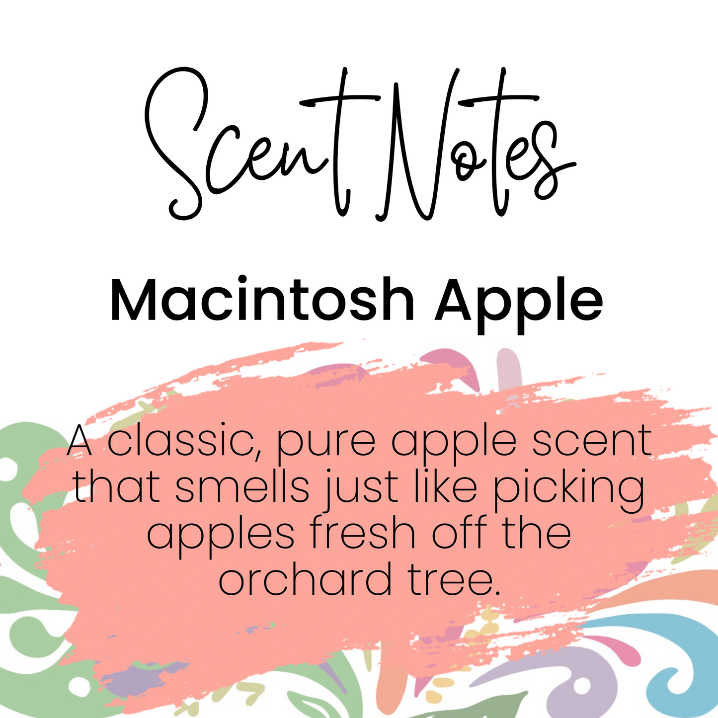 Text describing 'Macintosh Apple' scent with colorful abstract design on a white background