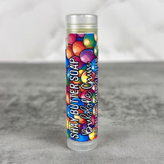 Bubble Gum lip balm with a colorful label on a gray background
