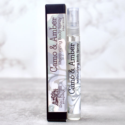 Camo & Amber moisturizing body spray with packaging on a light gray background
