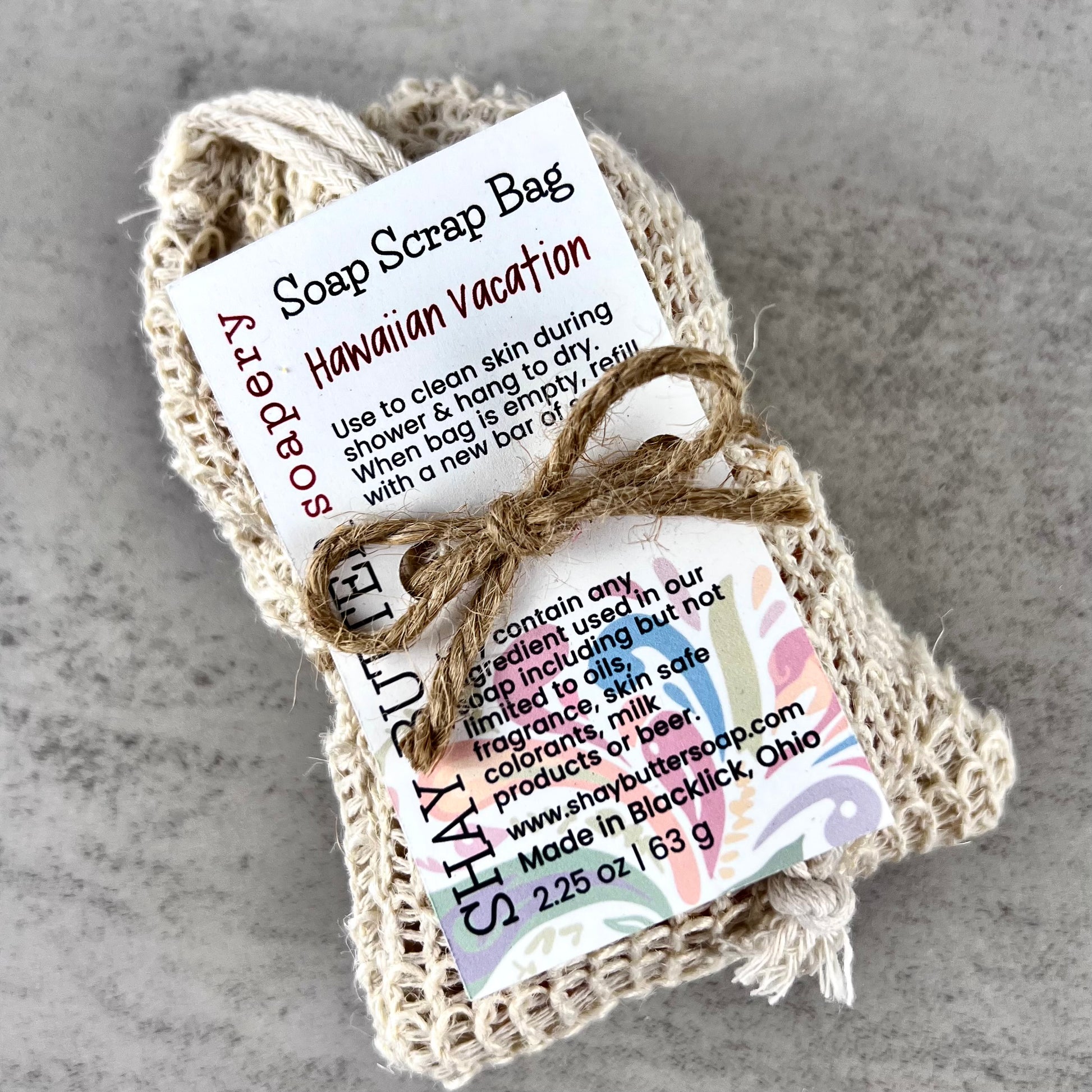 Hawaiian Vacation soap scrap bag with a label on a gray background