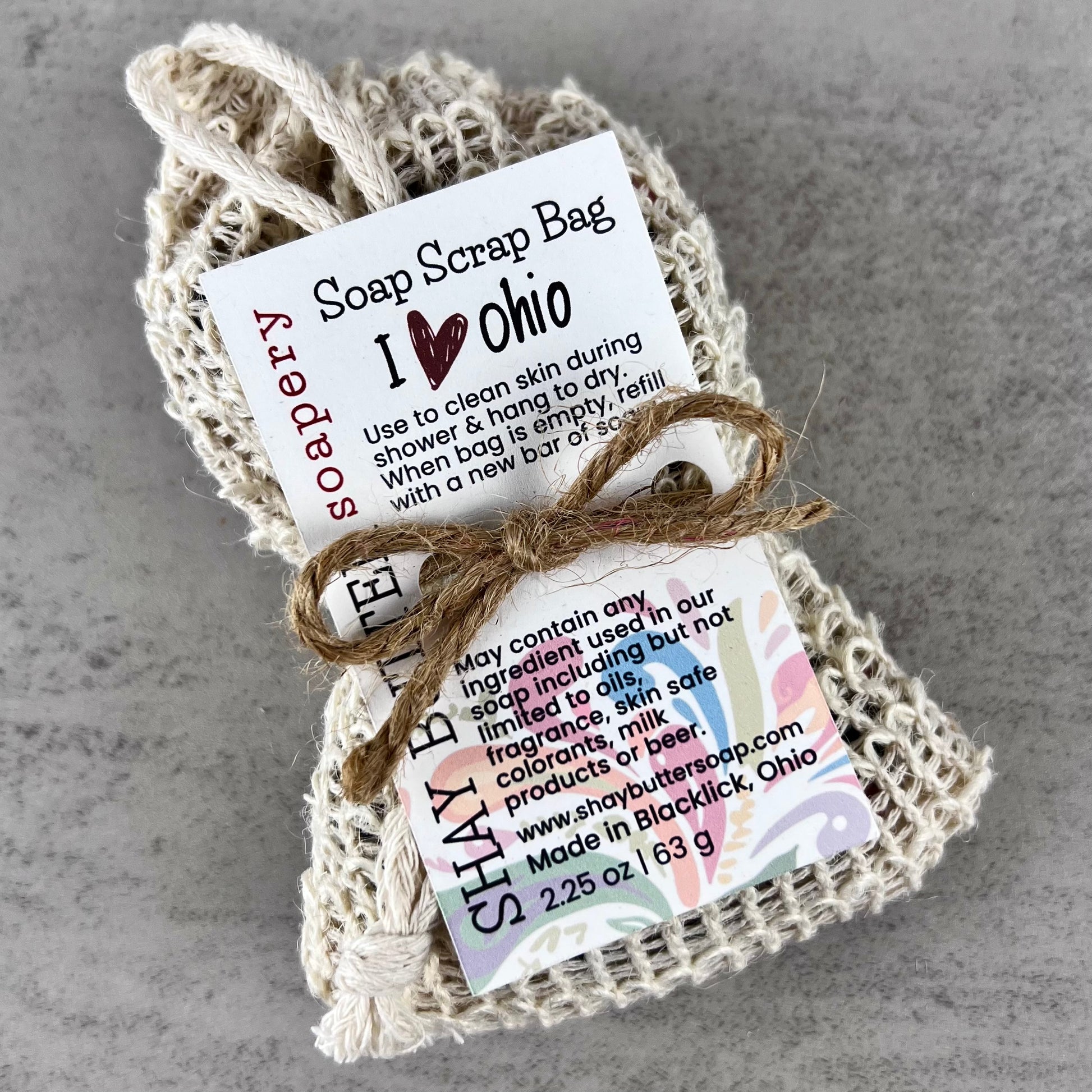 I heart ohio soap scrap bag with a label on a gray background
