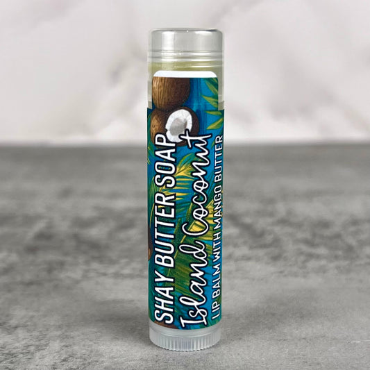 Lip balm with coconut flavor packaging on a gray background