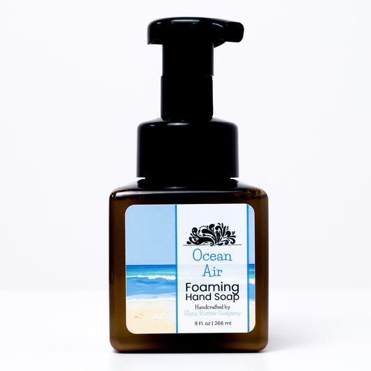 a bottle of "ocean air" foaming hand soap on a white background