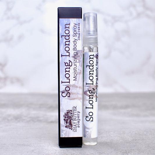 "so long, london" body spray with packaging on neutral background