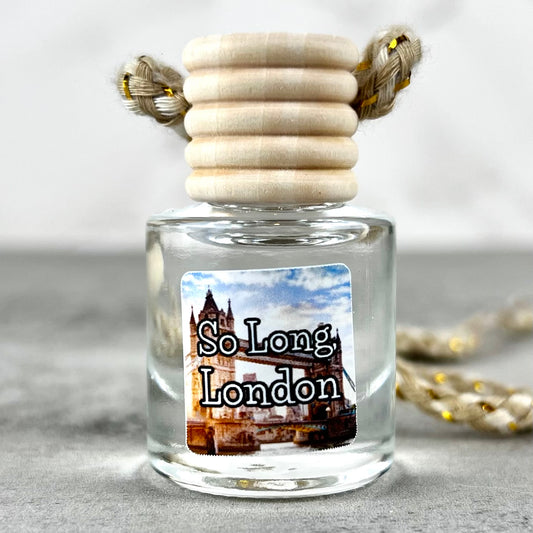So Long, London hanging car diffuser with name label on grey background
