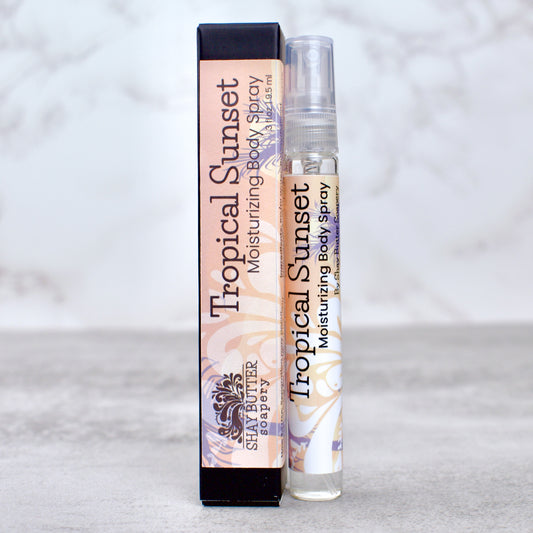 Tropical Sunset moisturizing body spray with packaging on a gray background