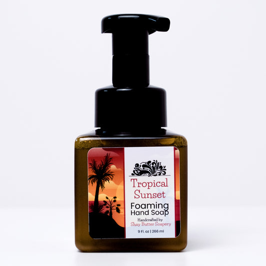 a bottle of tropical sunset" foaming hand soap on a white background